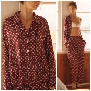 LyreBird Long-Sleeve Silky Buttondown Pajama Top & Slim Pajama Pants Set S NWT